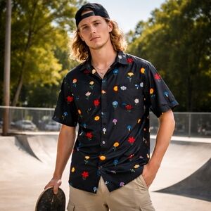 Vans Off The Wall Floral Button Up Shirt Mens Large Black Casual Skate